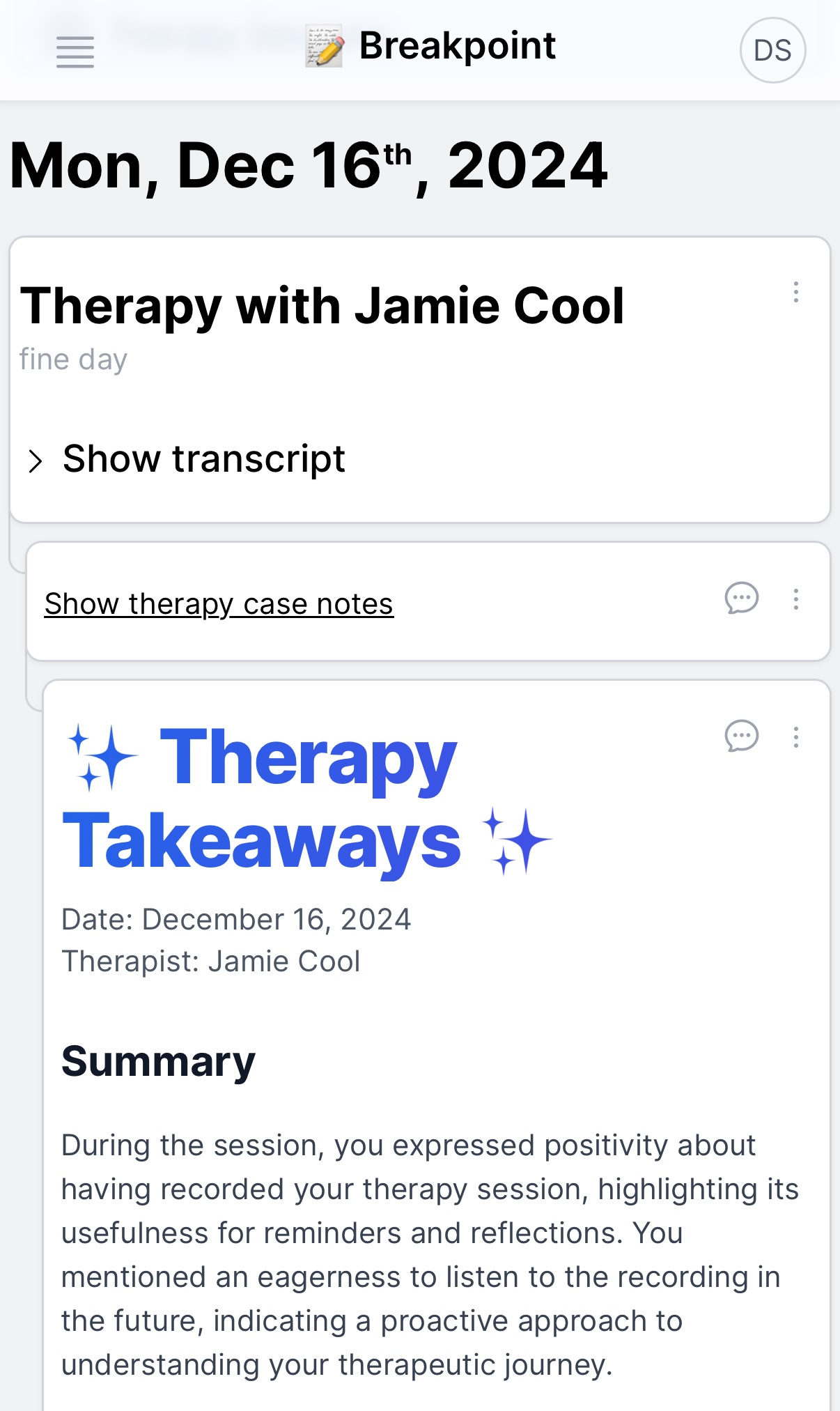 Clear therapy notes feature